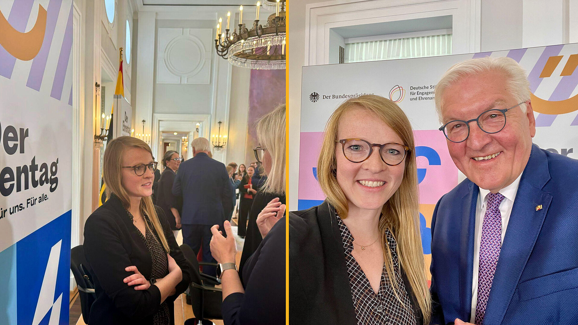 Zwei Fotos nebeneinander: Links zwei Frauen im Gespräch vor einer Wand mit dem Schriftzug 'Der Ehrentagtag'. Rechts eine Frau mit Brille und ein Mann im Anzug lächeln in die Kamera, im Hintergrund Banner mit Logos und Text zur Auftaktveranstaltung "Ehrentag. Für dich. Für uns. Für alle." am 23. Mai 2026.