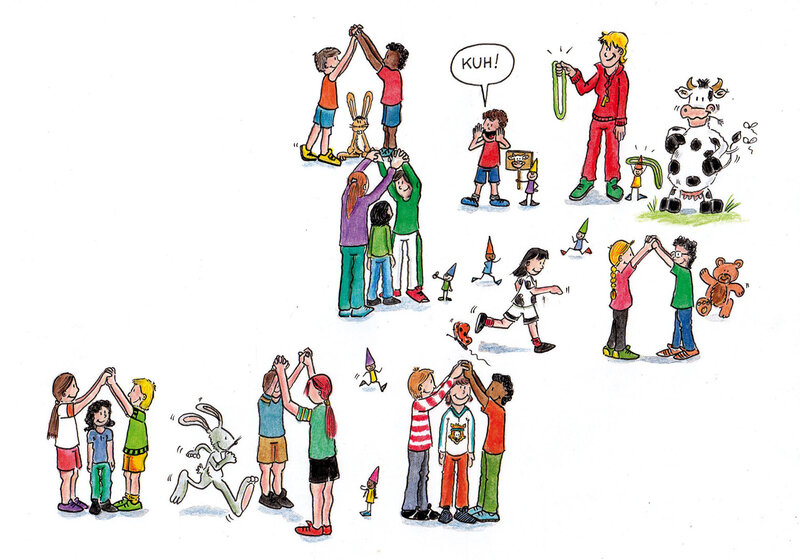 Illustration aus dem dsj-Bewegungskalender 2026 von Kindern, die unter einem Bogen aus Händen hindurchlaufen. Oben links stehen zwei Kinder mit einem Hasen, darunter eine Gruppe von fünf Kindern. Rechts ein Kind in einem roten Outfit mit einer Kuh und einem grünen Band. Text: 'KUH!'.