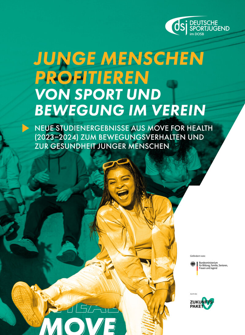 Titelbild einer Publikation der Deutschen Sportjugend mit der Überschrift „Junge Menschen profitieren von Sport und Bewegung im Verein – Neue Studienergebnisse aus Move for Health (2023–2024)“.