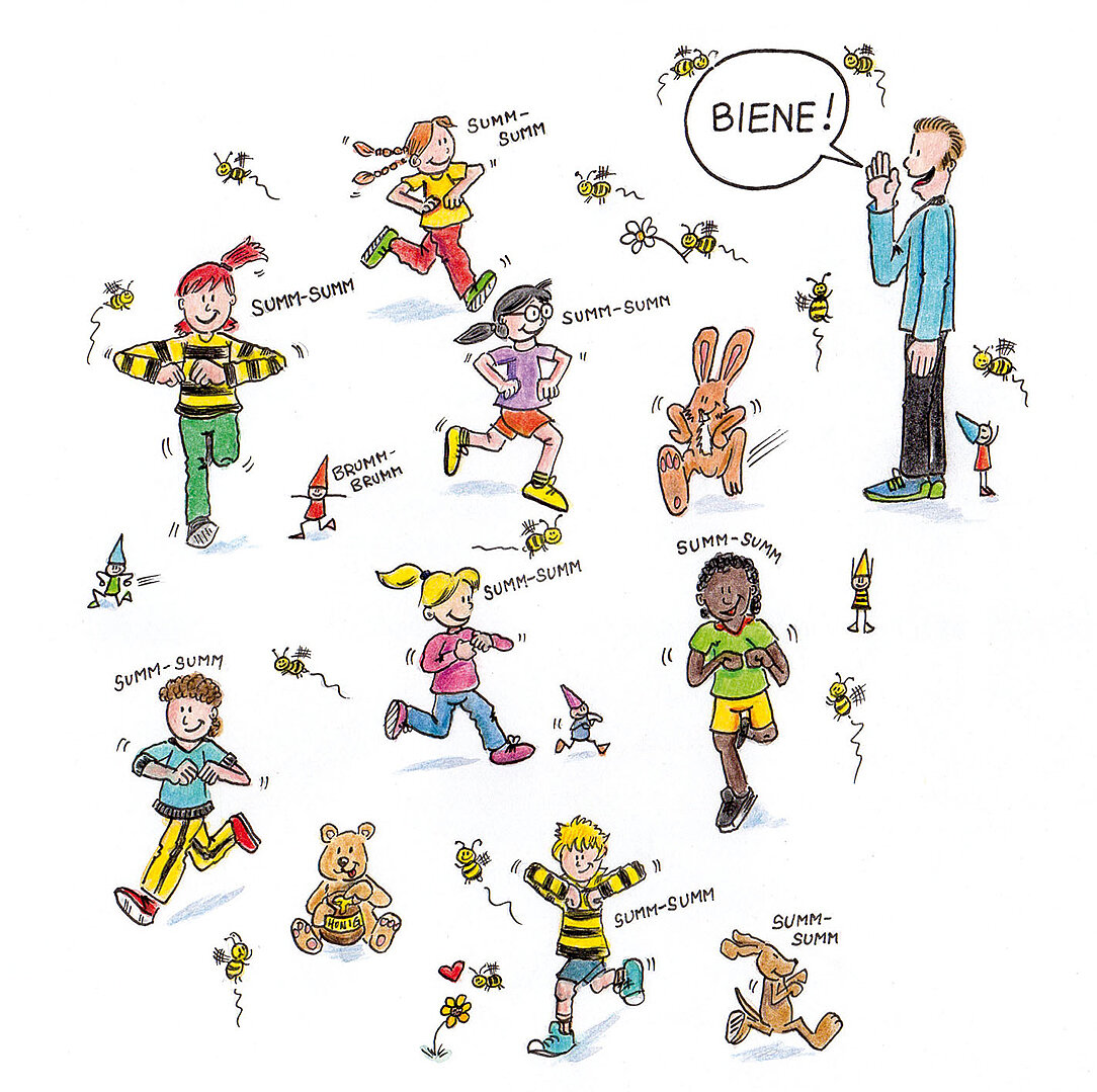 Illustration aus dem dsj-Bewegungskalender 2026 mit Kindern, die um einen Mann mit erhobener Hand laufen. Kinder tragen bunte Kleidung, einige halten Spielzeuge. Um sie herum fliegen Bienen.