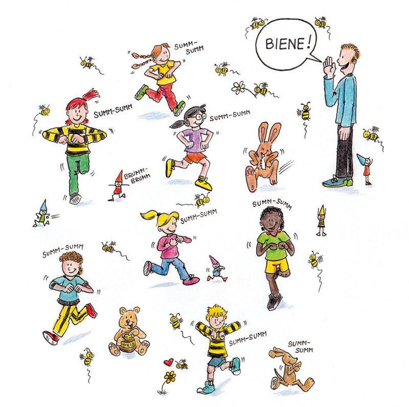 Illustration aus dem dsj-Bewegungskalender 2026 mit Kindern, die um einen Mann mit erhobener Hand laufen. Kinder tragen bunte Kleidung, einige halten Spielzeuge. Um sie herum fliegen Bienen.