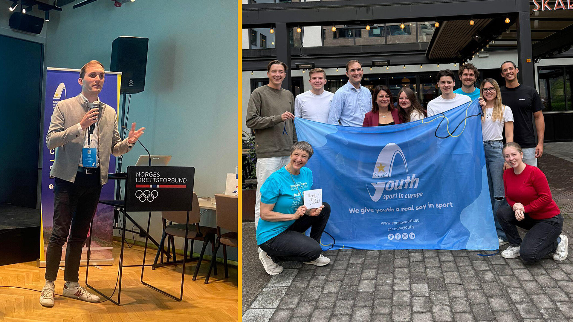 Luca Wernert spricht bei der Generalversammlung von ENGSO Youth in Oslo bei der er zum Vice-Chair gewählt wurde. Gruppe junger Menschen hält draußen eine blaue ENGSO Youth-Fahne mit dem Slogan 'We give youth a real say in sport'