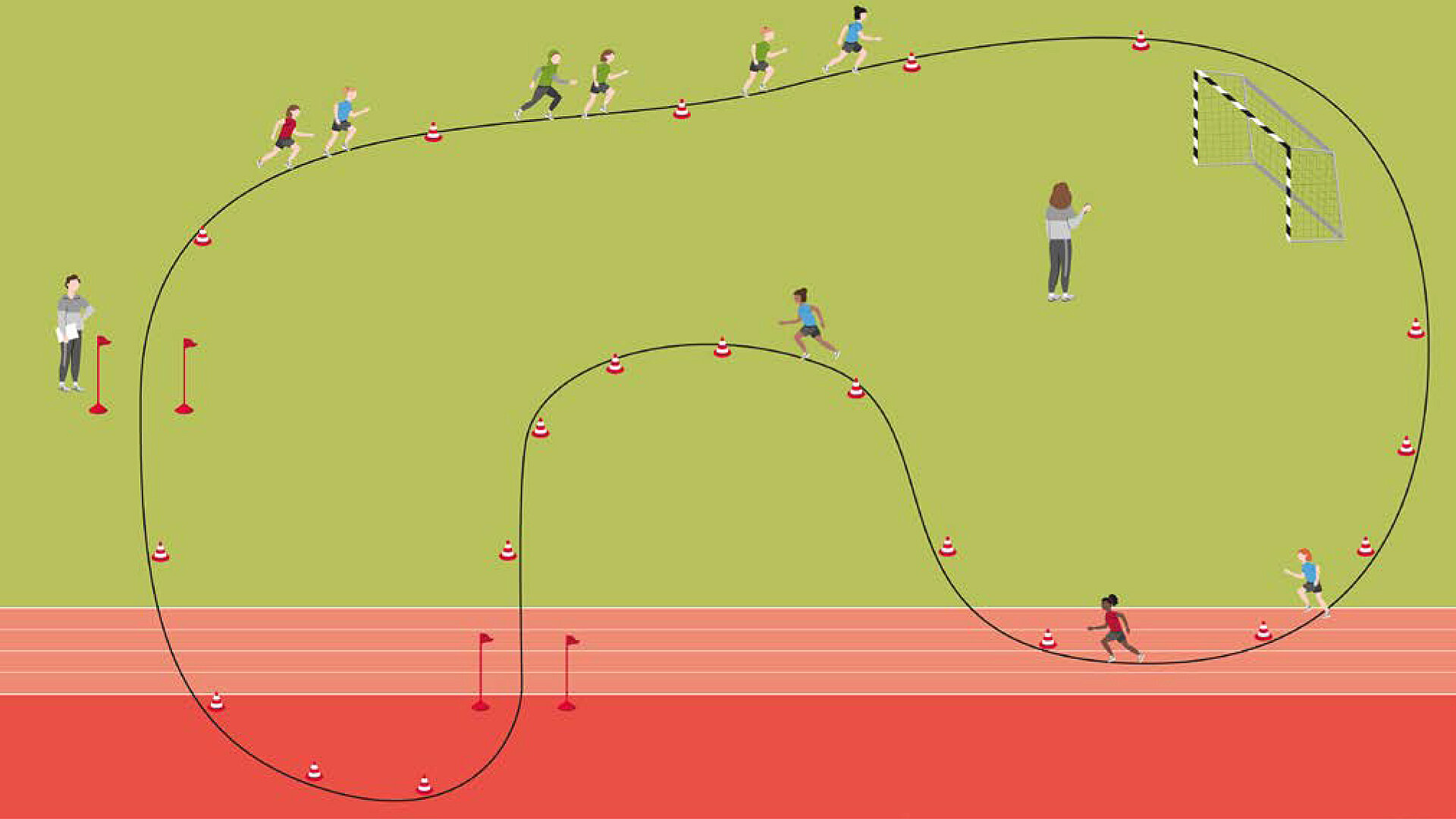 Illustration eines Laufparcours der Bundesjugendspiele auf Sportplatz: Kinder absolvieren eine kurvenreiche Strecke mit Markierungshütchen, Start- und Zielpunkten sowie einer Torstation; entlang der Strecke stehen betreuende Personen.
