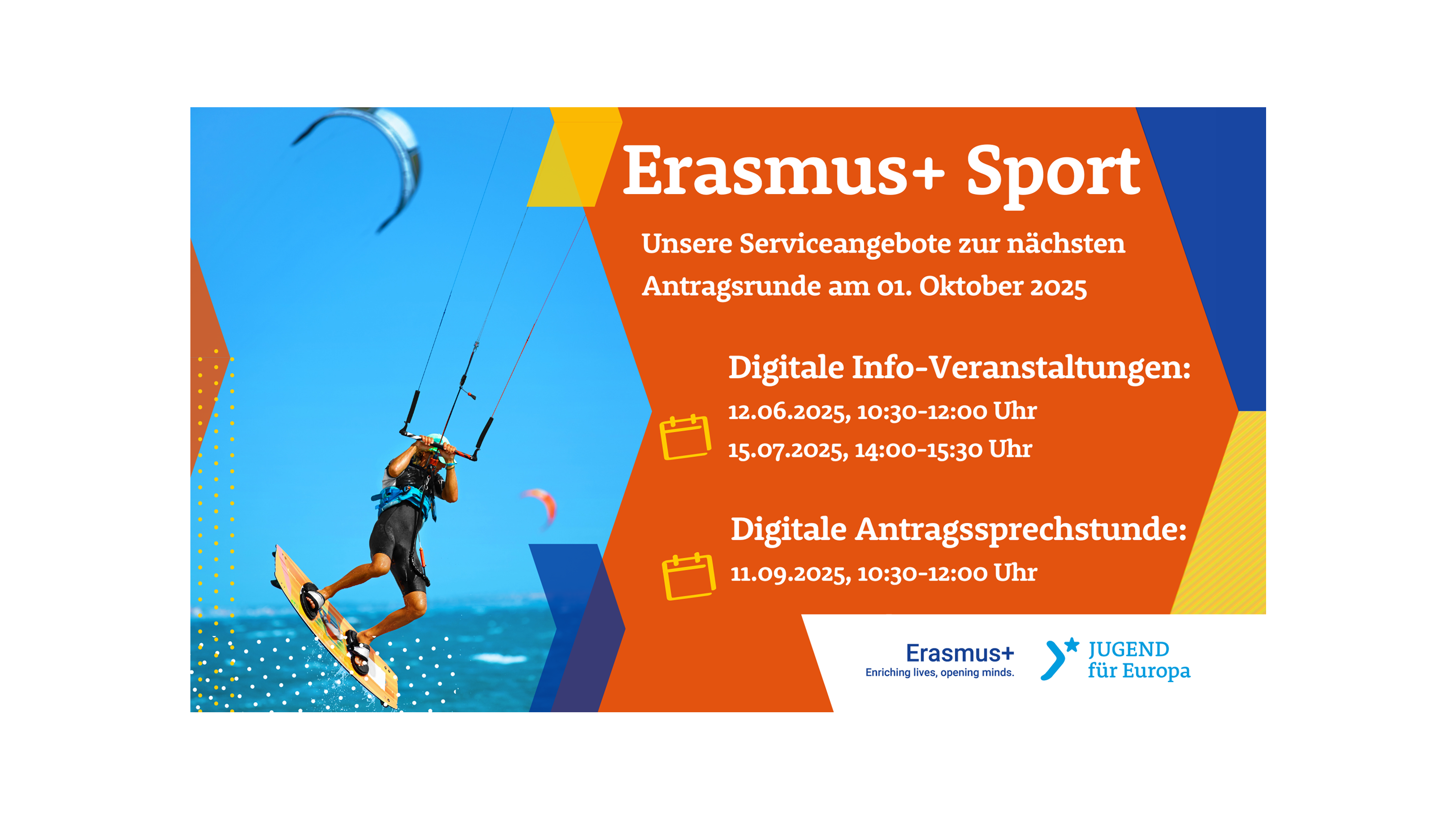 Einladung zur Infoveranstaltung über Erasmus+ Sport mit Terminen für digitale Veranstaltungen und Antragsberatung. Bild zeigt einen Kitesurfer.