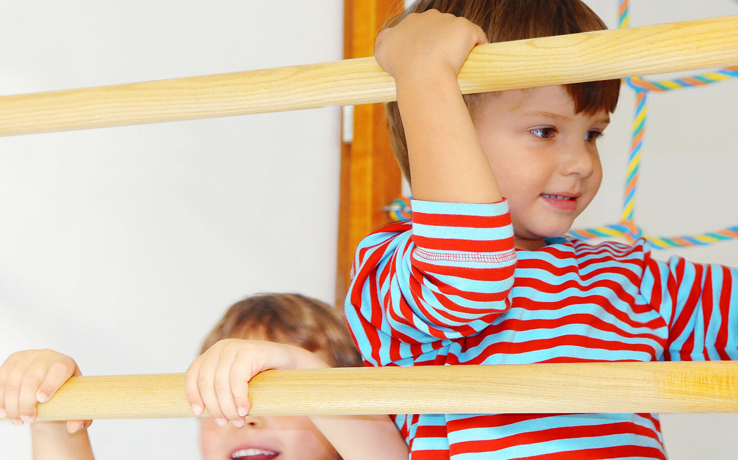 Two little boys on a wall bars