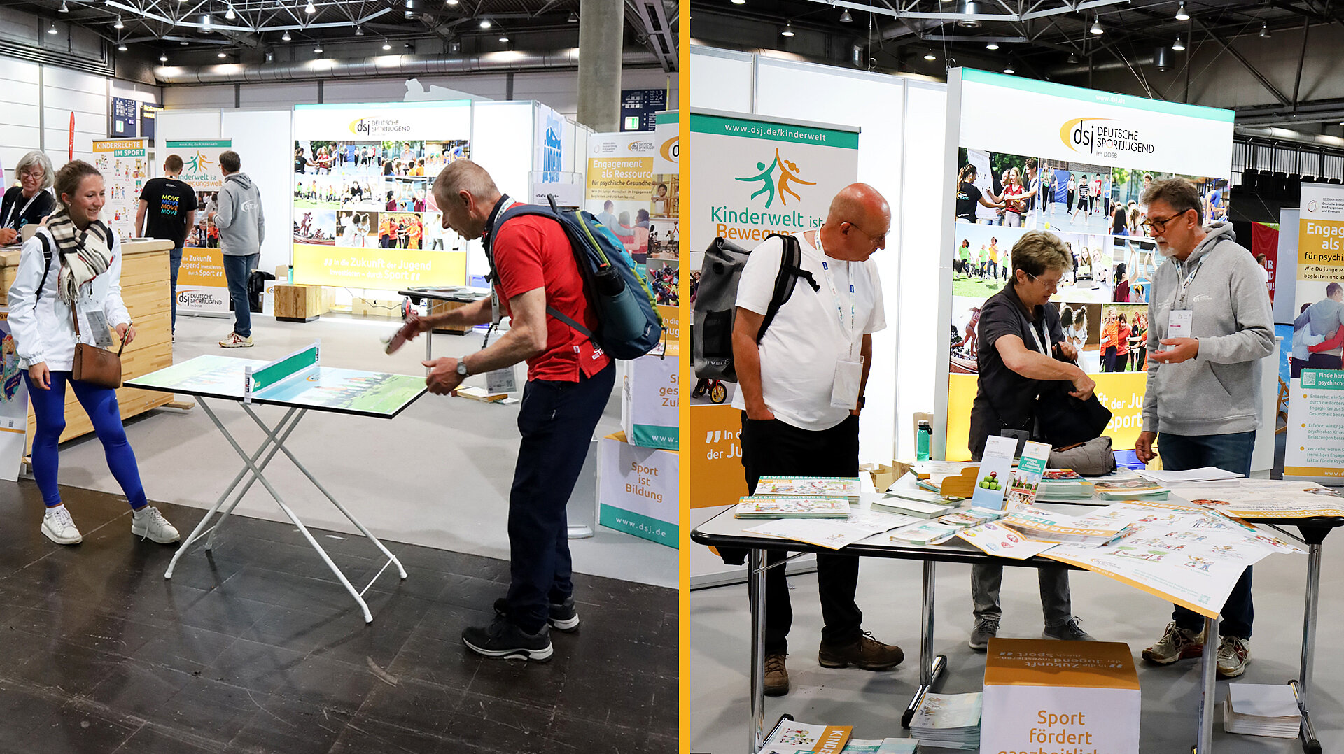 Deutsche Sportjugend-Stand mit Informationsmaterialien und Mitmachaktionen beim Deutschen Turnfest 2025 in Leipzig, Besucher interagieren mit den Ausstellern unter anderem beim Tischtennisspielen.
