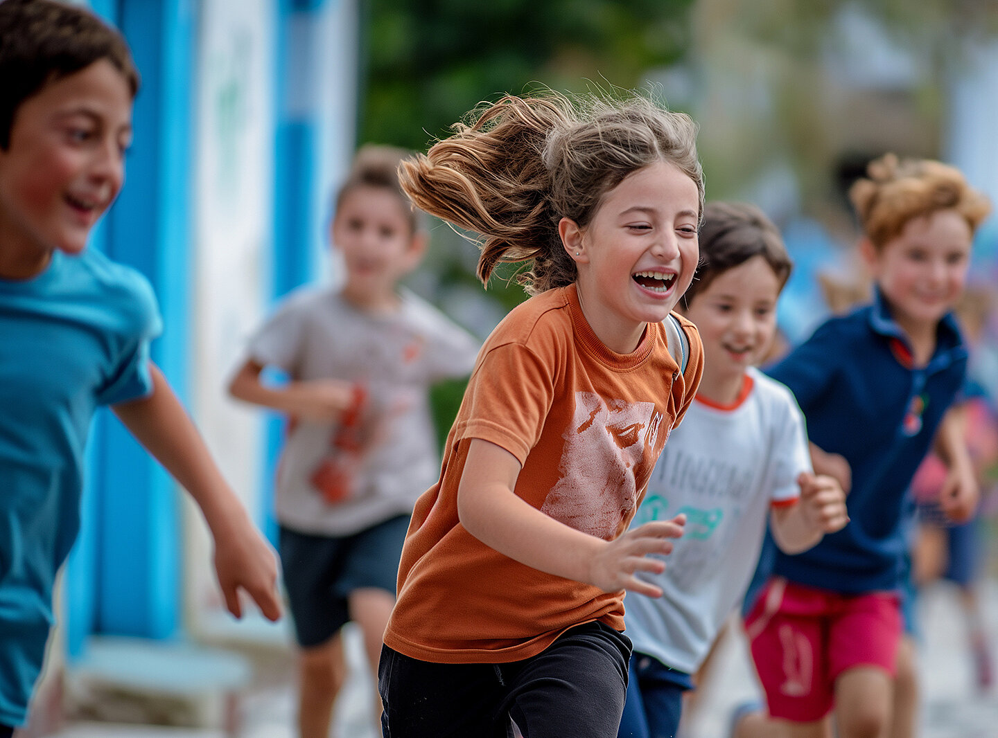 Eine Gruppe von Kindern rennt fröhlich auf einer Straße. Ein Mädchen in einem orangefarbenen T-Shirt lacht, während sie in der Mitte der Gruppe ist. Die anderen Kinder, in verschiedenen T-Shirts, zeigen ebenfalls Freude und Begeisterung beim Spielen.