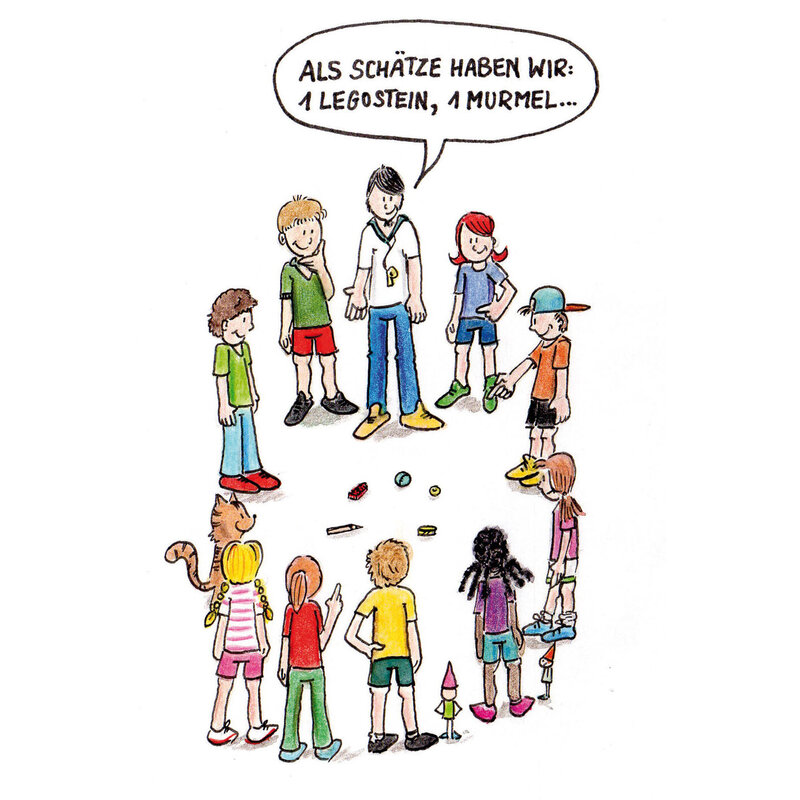 Illustration für den dsj-Bewegungskalender 2026. Zehn Kinder stehen in einem Kreis um einen Erwachsenen, der einen weißen T-Shirt trägt. Auf dem Boden liegen ein Legostein und eine Murmel. Text: 'ALS SCHÄTZE HABEN WIR: 1 LEGOSTEIN, 1 MURMEL...'.