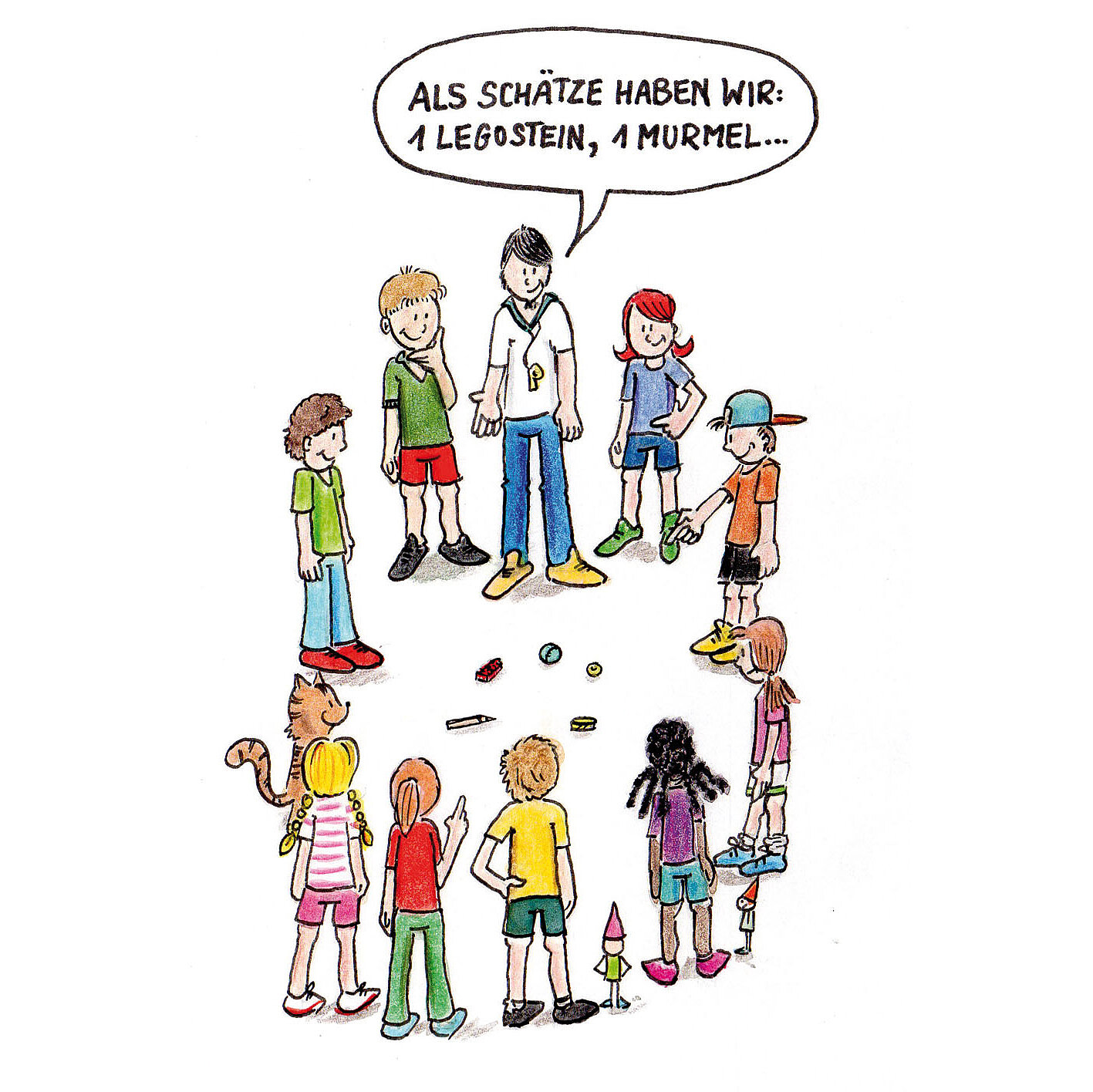 Illustration für den dsj-Bewegungskalender 2026. Zehn Kinder stehen in einem Kreis um einen Erwachsenen, der einen weißen T-Shirt trägt. Auf dem Boden liegen ein Legostein und eine Murmel. Text: 'ALS SCHÄTZE HABEN WIR: 1 LEGOSTEIN, 1 MURMEL...'.