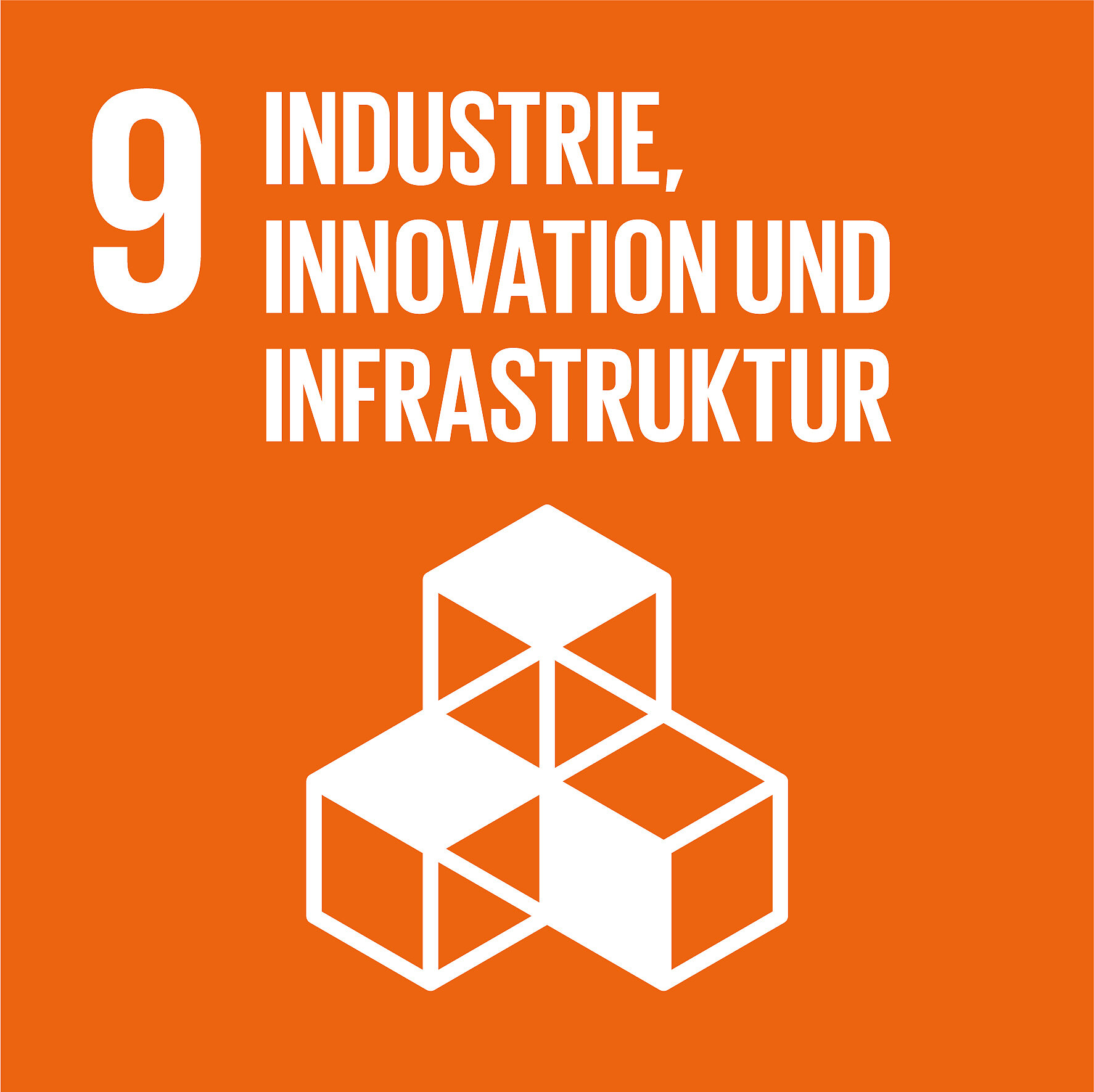 Icon für das Nachhaltigkeitsziel SDG 9: Ein orangener Hintergrund  für das Ziel 9 der UN-Nachhaltigkeitsziele: Industrie, Innovation und Infrastruktur. Es sind drei stilisierte Würfel in Weiß dargestellt.