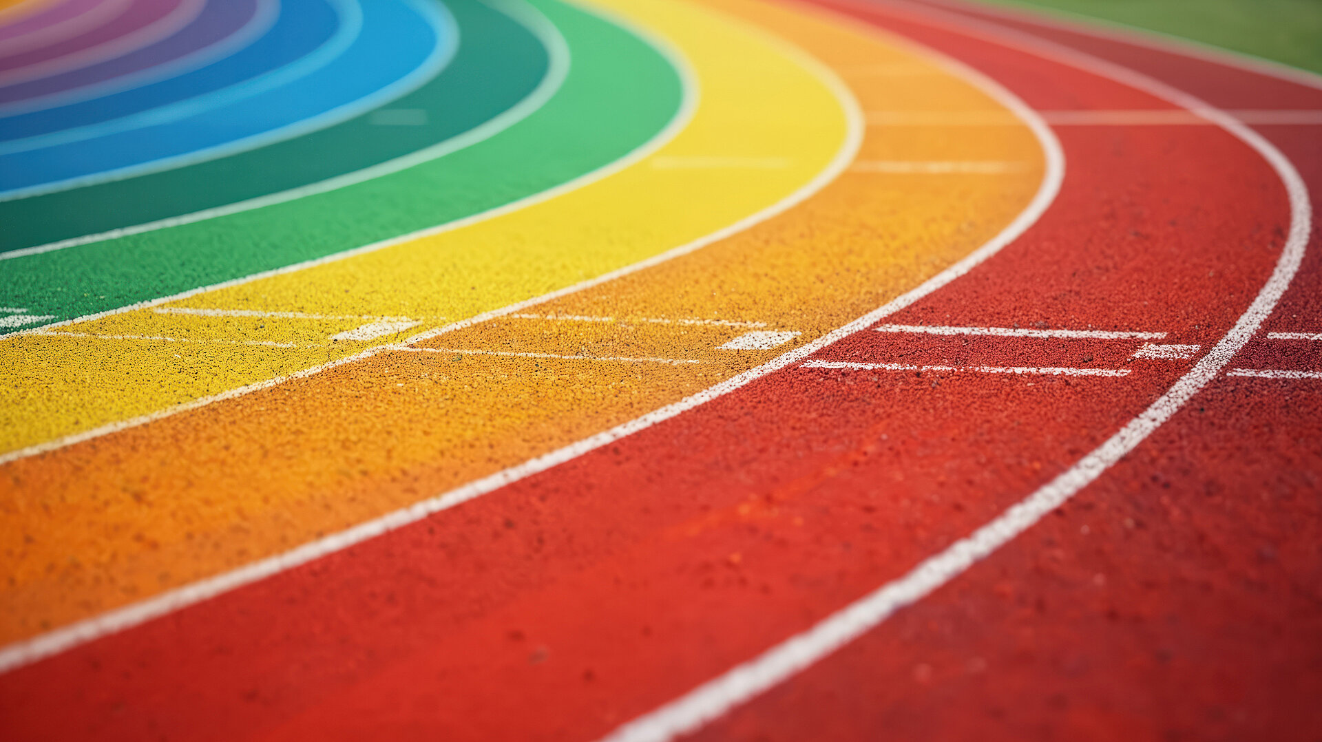 Sportplatz mit Regenbogenlaufbahn, Symbol für queeren Kinder- und Jugendsport und Engagement für Demokratie.