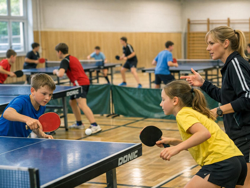 Kinder und Jugendliche spielen Tischtennis in einer Sporthalle an mehreren Platten, während eine Trainerin Anweisungen gibt.