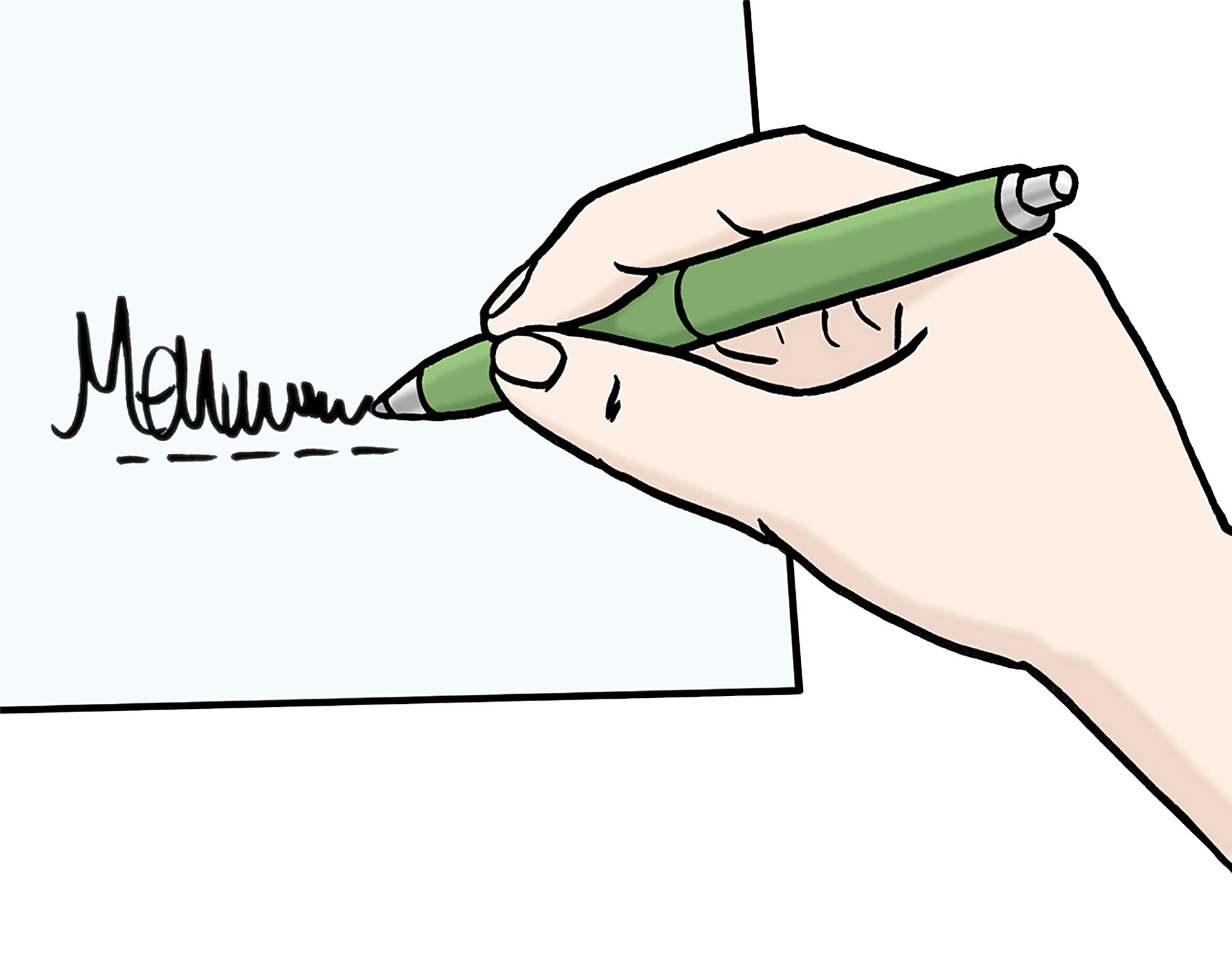 Eine Hand hält einen grünen Stift und schreibt eine Unterschrift auf ein Blatt Papier. Der Hintergrund ist hell und das Blatt ist teilweise sichtbar.