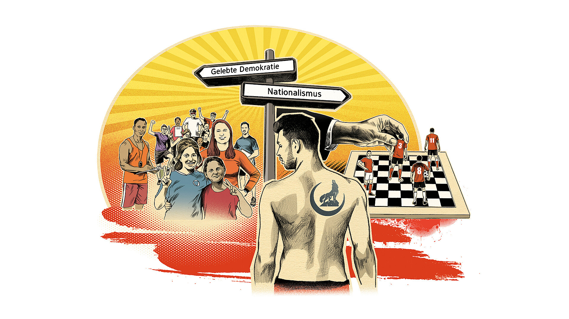 Illustration zeigt einen Mann mit einem Drachen-Tattoo auf dem Rücken, der auf ein Schachbrett mit Spielern blickt. Im Hintergrund sind Sportler und ein Wegweiser mit den Aufschriften 'Gebiete Demokratie' und 'Nationalismus'.