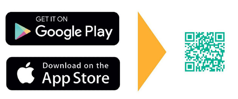 Grafik mit den Logos von Google Play und Apple App Store, daneben ein Pfeil zu einem QR‑Code zum Download der App.