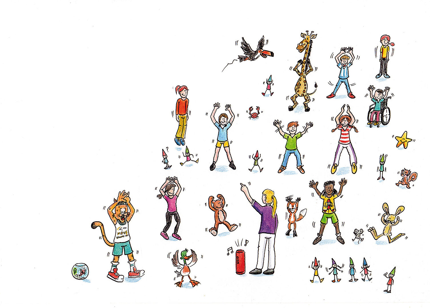 Illustration aus dem dsj-Bewegungskalender 2026 mit verschiedenen Figuren, die aktiv Sport treiben, darunter Kinder, Tiere und Erwachsene in unterschiedlichen Posen.