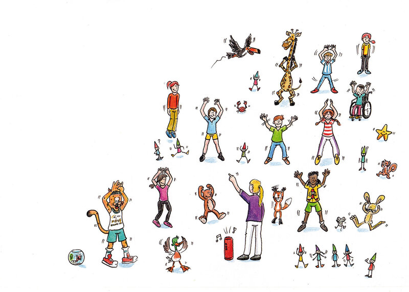 Illustration aus dem dsj-Bewegungskalender 2026 mit verschiedenen Figuren, die aktiv Sport treiben, darunter Kinder, Tiere und Erwachsene in unterschiedlichen Posen.
