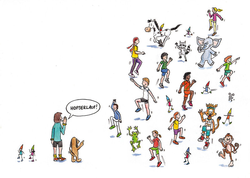 Illustration für den dsj-Bewegungskalender 2026 mit dem Titel „Mach ich (noch) nicht!“. Kinder und Tiere in verschiedenen Bewegungspositionen, darunter ein Elefant und ein Löwe. Text: 'HOPSERLAUF!'.