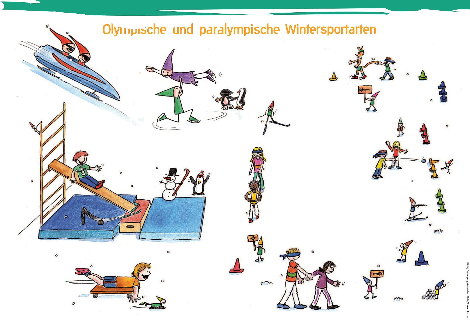 Eine bunte Illustration zeigt verschiedene olympische und paralympische Wintersportarten. Abgebildet sind Aktivitäten wie Skifahren, Snowboarden, Eislaufen und Biathlon, dargestellt durch stilisierte Figuren in winterlicher Umgebung. Die Szene vermittelt Freude und Vielfalt im Wintersport.