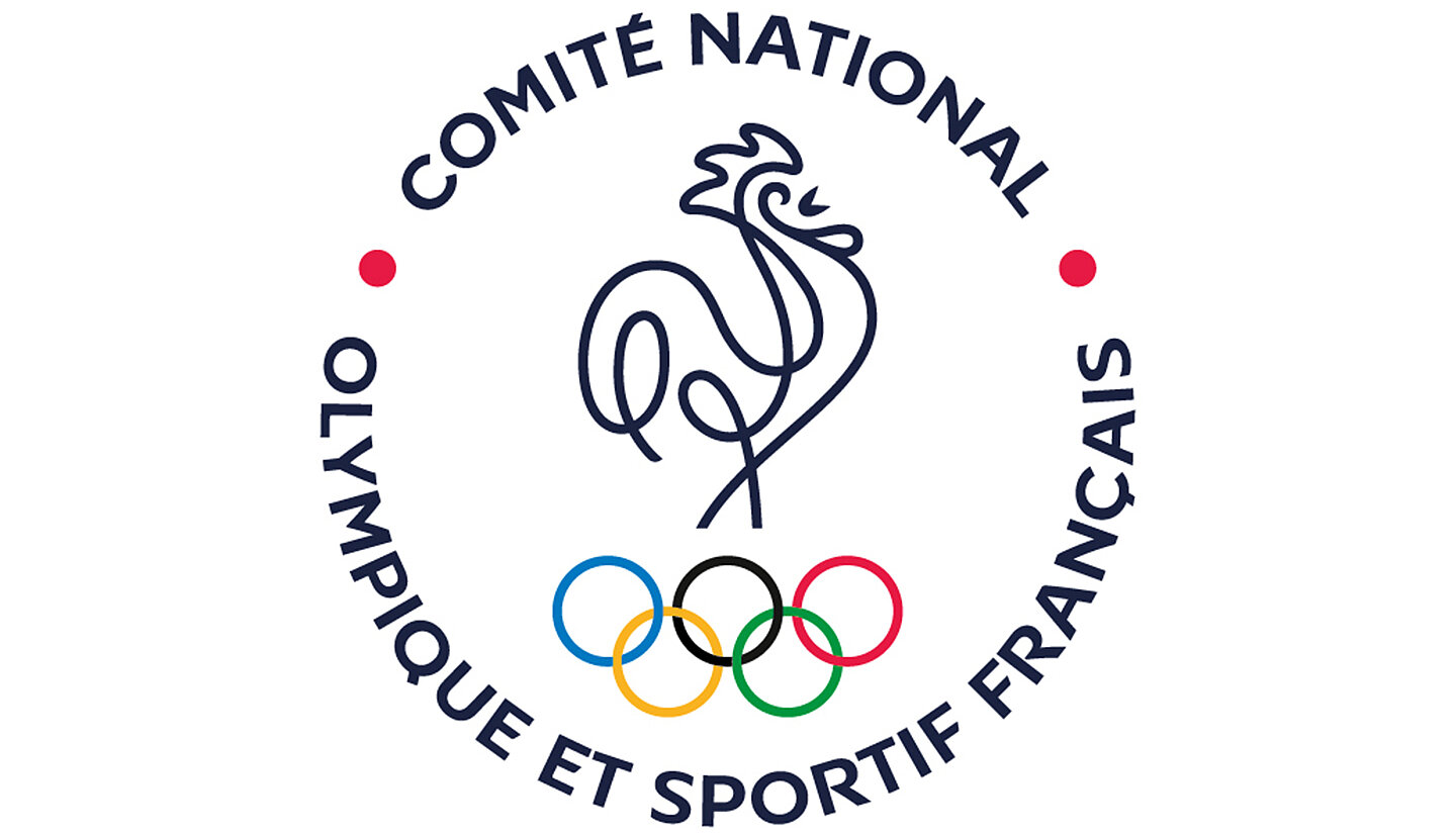 Logo des Französischen Olympischen und Sportkomitees mit einem stilisierten Hahn in der Mitte und den fünf olympischen Ringen darunter. Der Schriftzug umrandet das Logo.