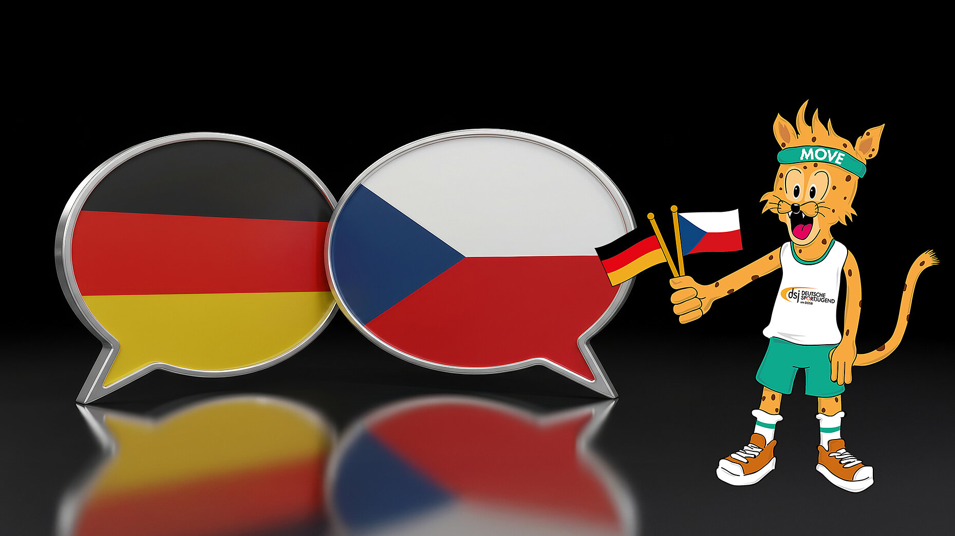 Sprechblasen mit deutschen und tschechischen Flaggen neben einer Sport-Maskottchen-Figur mit 'MOVE'-Stirnband, symbolisiert neue Kooperation von deutsch-tschechischen Jugendaustausch im Sport