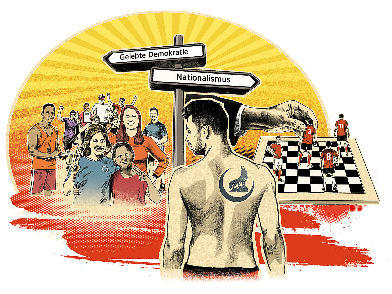 Eine Illustration zeigt eine Person mit einem Tattoo auf dem Rücken, die in Richtung zwei Wegweiser blickt: "Gelebte Demokratie" und "Nationalismus". Im Hintergrund sind verschiedene Menschen und eine Schachbrett-Szene zu sehen, die unterschiedliche gesellschaftliche Themen symbolisieren.