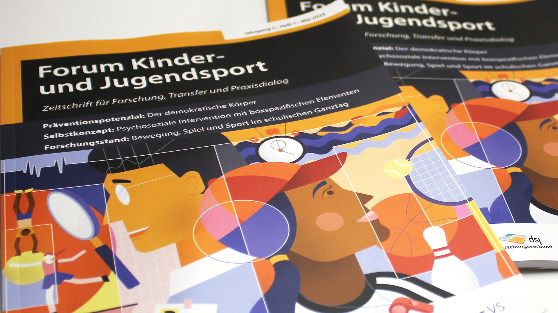 Cover der Zeitschrift "Forum Kinder- und Jugendsport" mit bunten Illustrationen und Titeln zu Forschung und Praxisdialog.