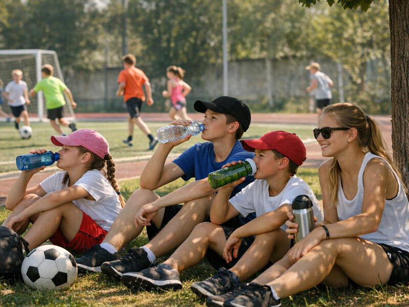 Mehrere Kinder und Jugendliche sitzen im Schatten neben einem Sportplatz und trinken Wasser aus Flaschen, während im Hintergrund Fußball gespielt wird.