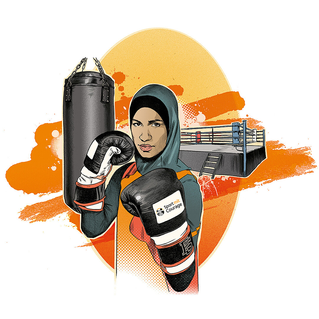 Eine Frau mit Boxhandschuhen und einem Kopftuch steht vor einem Boxsack. Im Hintergrund sind Elemente eines Boxrings und orangefarbene Farbspritzer zu sehen. Die Frau zeigt eine kämpferische Pose und strahlt Selbstbewusstsein aus.