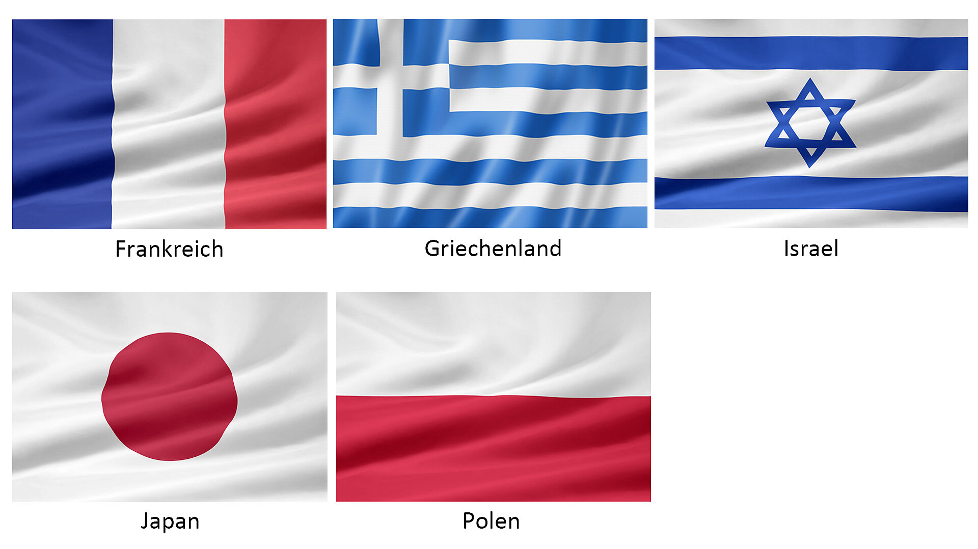 Sechs Flaggen sind abgebildet: Frankreich, Griechenland, Israel, Japan und Polen. Jede Flagge ist in einem eigenen Feld angeordnet, mit den Ländernamen darunter. Die Flaggen zeigen unterschiedliche Farben und Symbole, die jeweils die Nationalität repräsentieren.