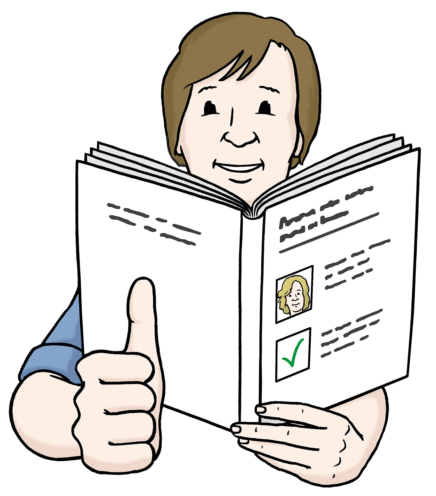 Eine Person hält ein aufgeschlagenes Buch oder Dokument in der Hand und zeigt mit dem Daumen ein positives Zeichen. Auf der Seite sind ein Bild und ein Häkchen zu sehen, was auf Zustimmung oder Erfolg hinweist.
