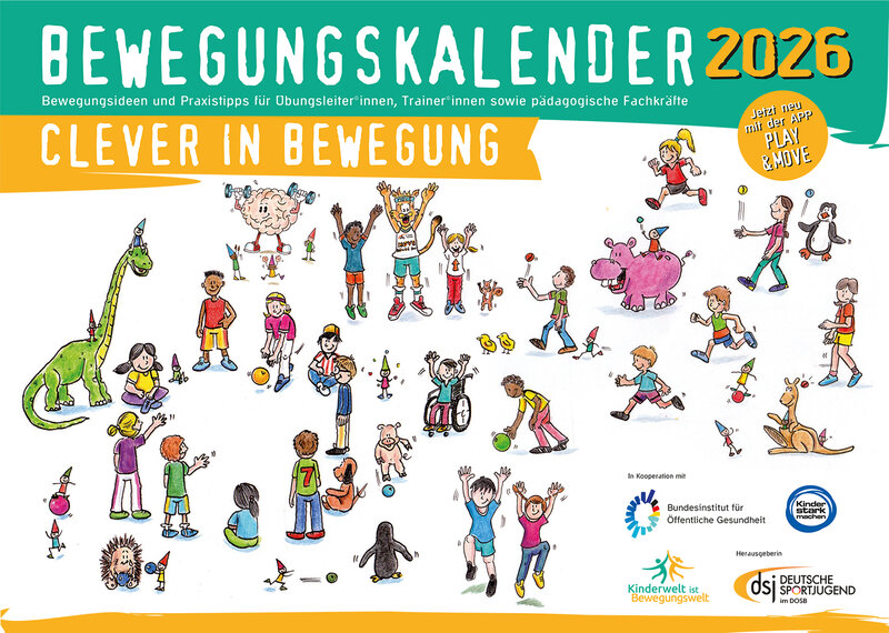 llustration Deckblatt dsj-Bewegungskalender 2026 'Clever in Bewegung' mit verschiedenen Tieren und Menschen in aktiven Posen. Text: 'BEWEGUNGSKALENDER 2026' und 'CLEVER IN BEWEGUNG'. Logos von Bundesinstitut für öffentliche Gesundheit und dsj.