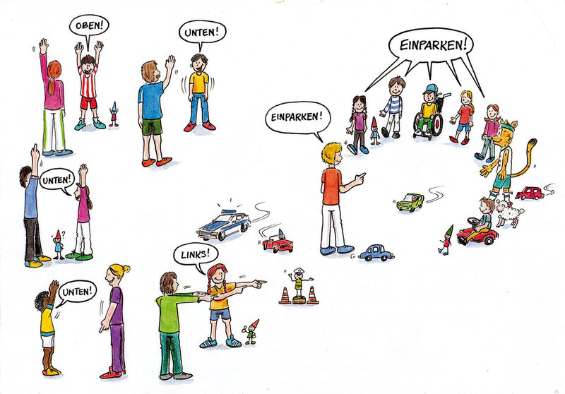 Illustration für den dsj-Bewegungskalender 2026. Kinder und Erwachsene zeigen auf verschiedene Richtungen, während Autos und ein Rollstuhl abgebildet sind. Text: 'EINPARKEN!', 'OBEN!', 'UNTEN!', 'LINKS!'.